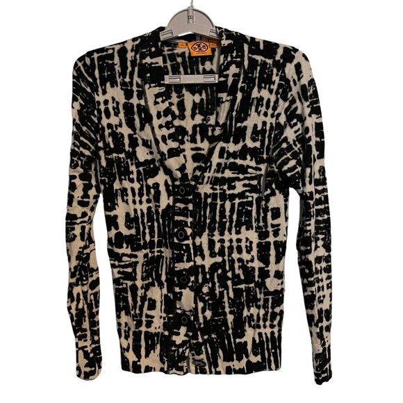 Tory Burch Black & White Abstract Merino Wool Cardigan Sweater Size Large - Picture 1 of 5
